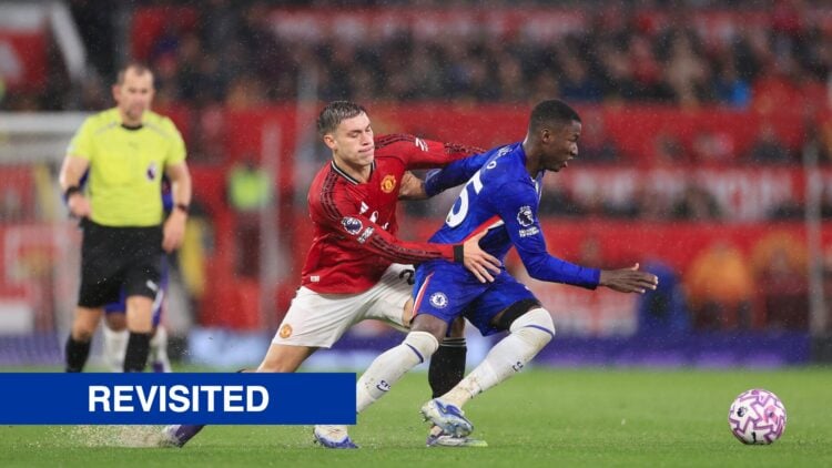 Moises Caicedo of Chelsea battles with Manuel Ugarte of Manchester United