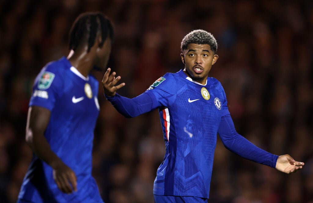 Wesley Fofana of Chelsea with team mate Trevoh Chalobah