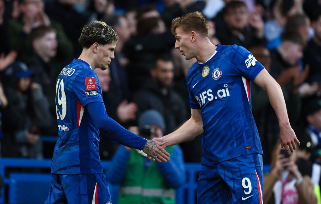 Chelsea's Alejandro Garnacho celebrates scoring his side's seventh goal with team mate Liam Delap