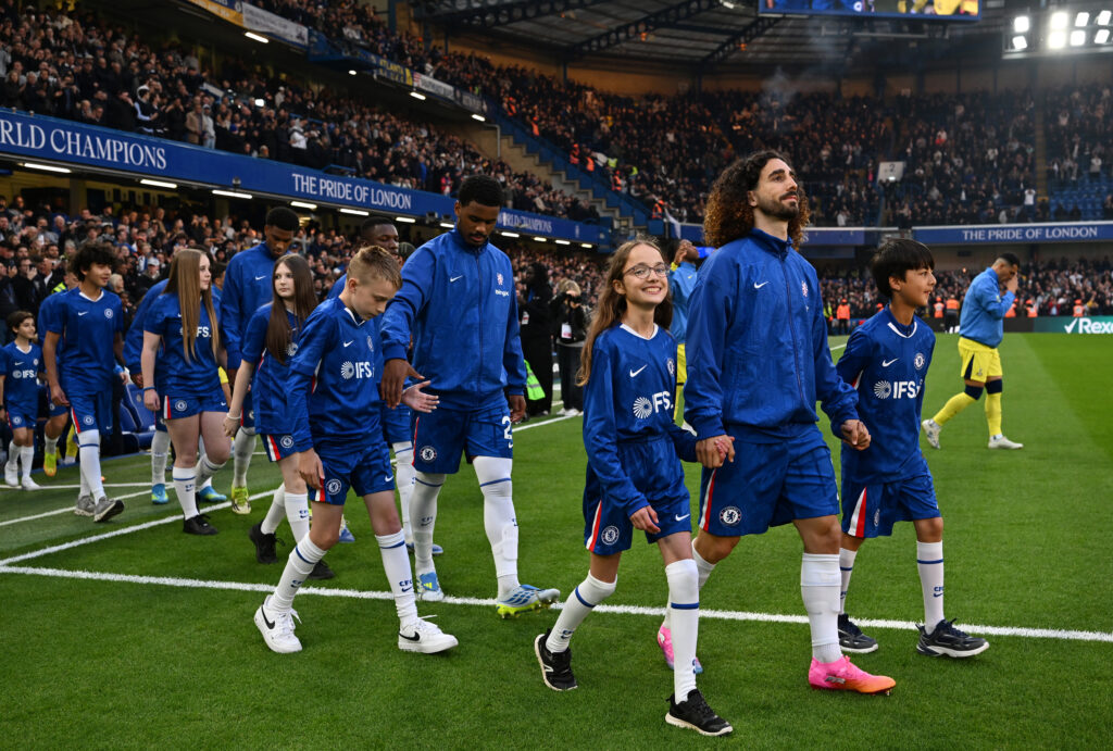 Marc Cucurella of Chelsea leads the team out