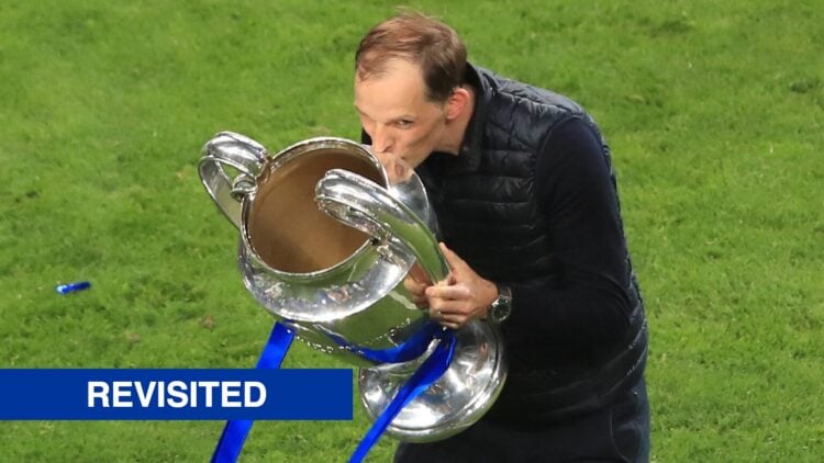 Thomas Tuchel manager of Chelsea kisses the Champions League trophy