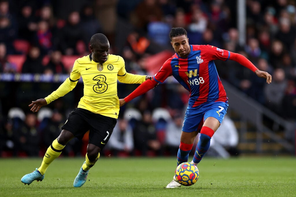 Ngolo Kante of Chelsea tackles Michael Olise of Crystal Palace