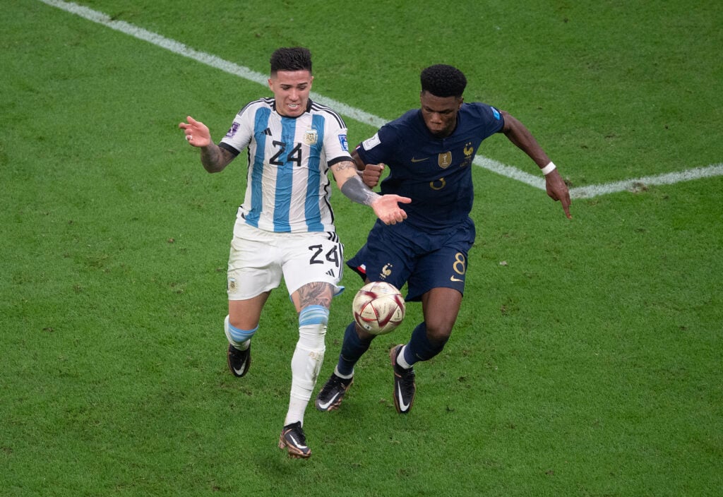 Enzo Fernandez of Argentina and Aurelien Tchouameni of France