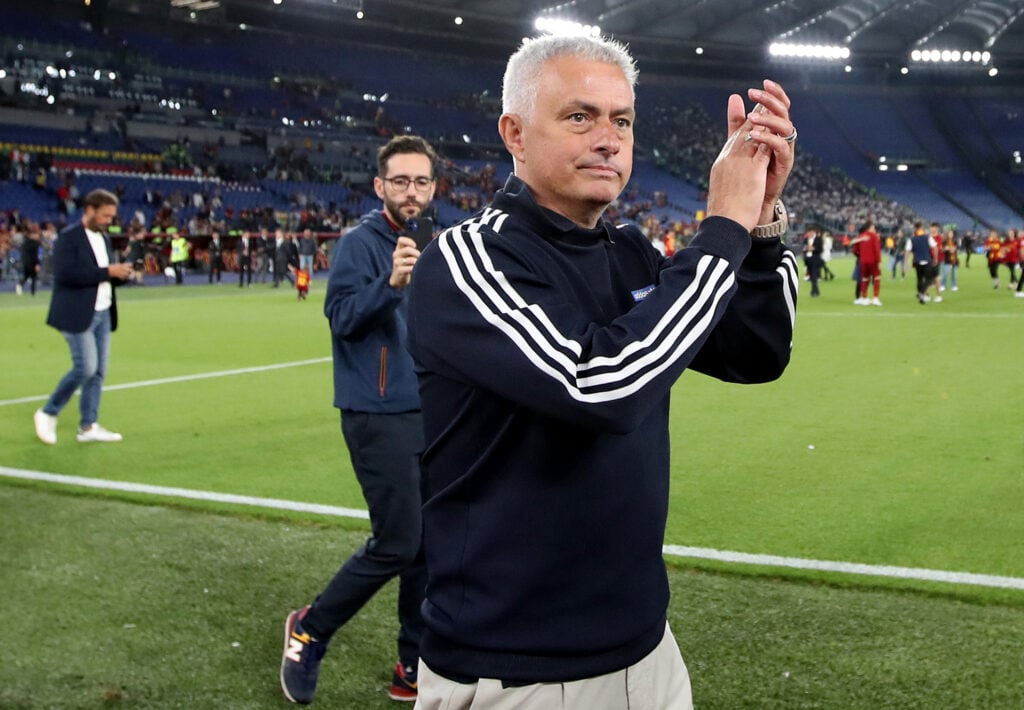 Jose Mourinho, Head Coach of AS Roma, applauds fans