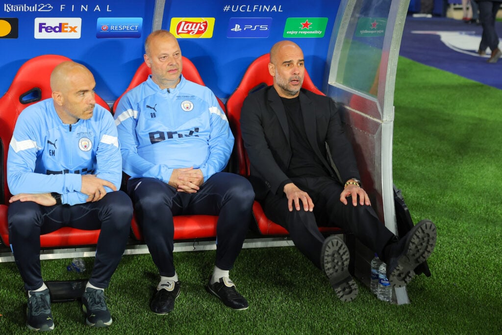 First Team Coach Enzo Maresca, assistant manager Rodolfo Borrell, Manager Josep Pep Guardiola of Manchester City