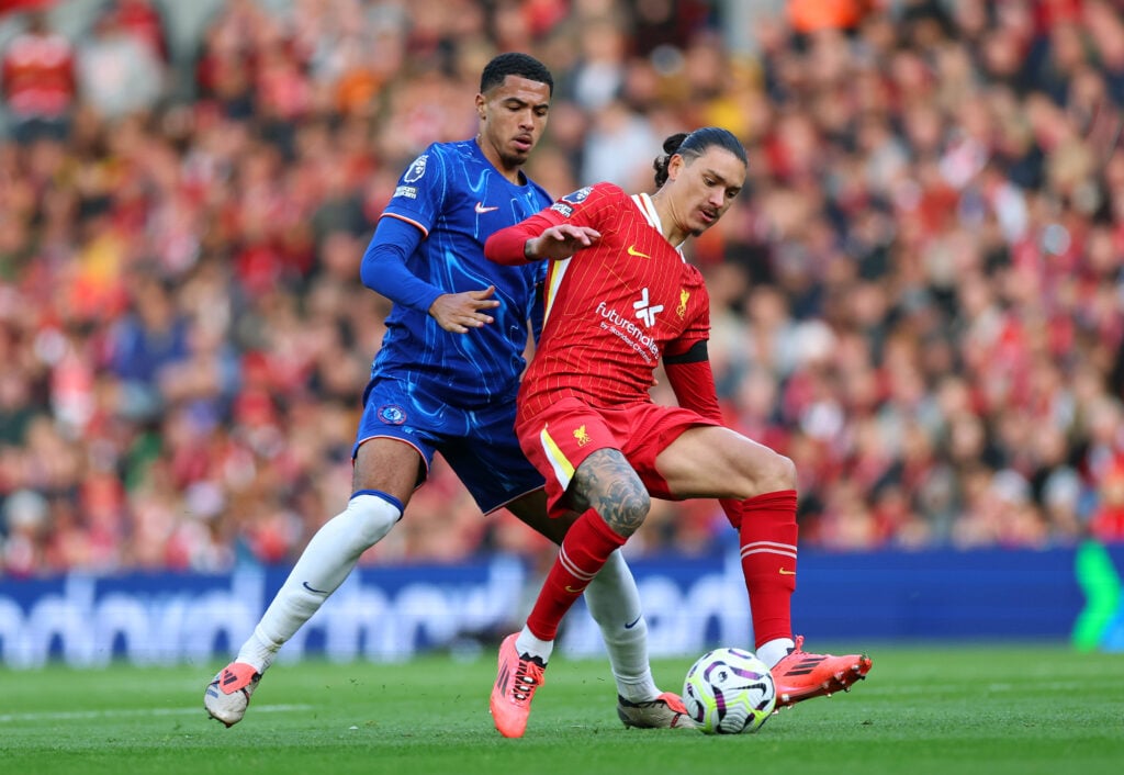 Darwin Nunez of Liverpool battles for possession with Levi Colwill of Chelsea