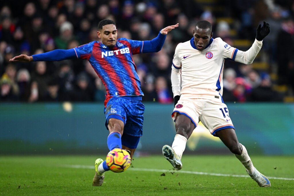 Nicolas Jackson of Chelsea shoots and misses whilst under pressure from Maxence Lacroix of Crystal Palace