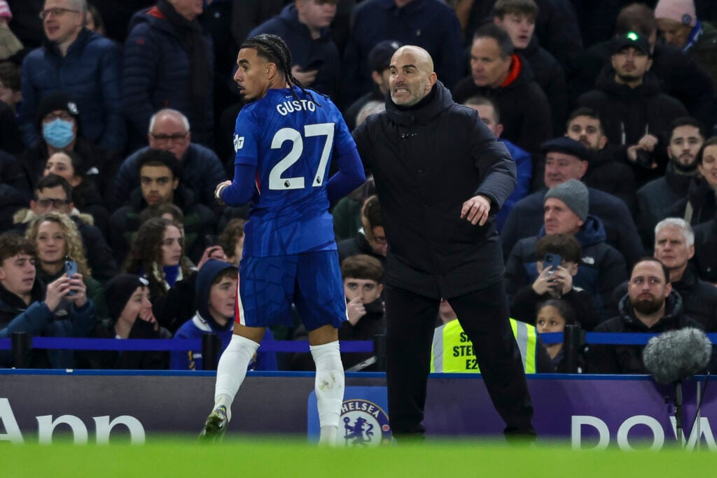 Malo Gusto with Head Coach Enzo Maresca of Chelsea
