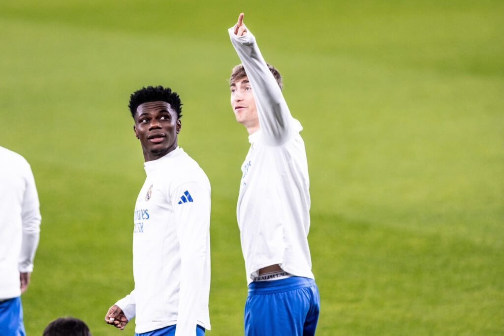 Aurelien Tchouameni of Real Madrid CF and Dean Huijsen