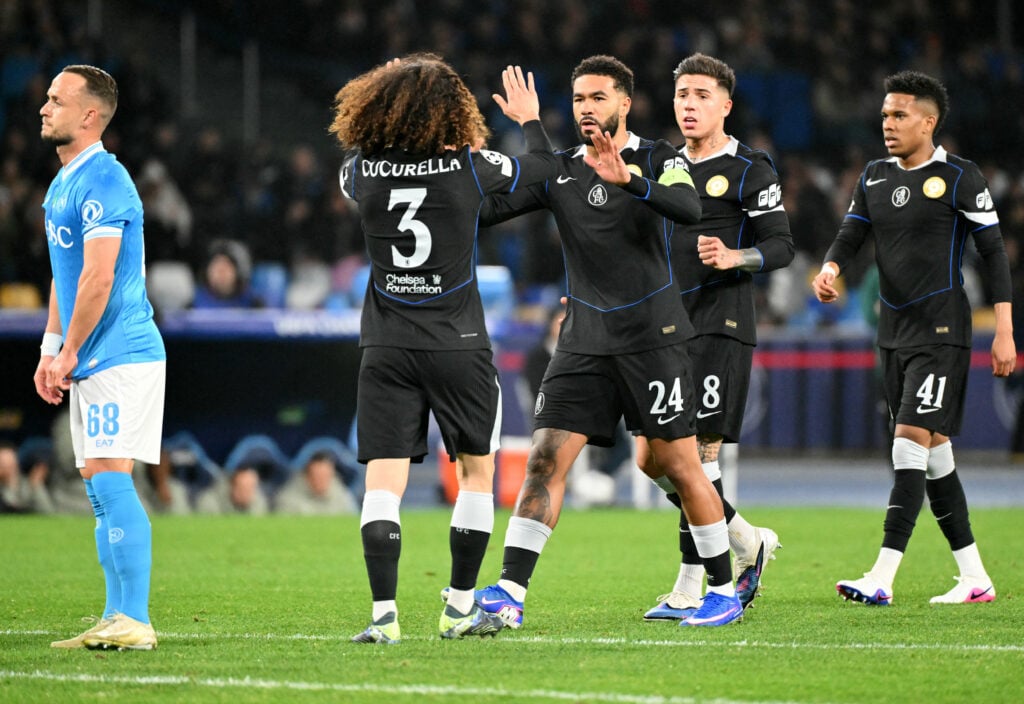 Chelsea's Spanish defender #03 Marc Cucurella celebrates with Chelsea's English defender #24 Reece James