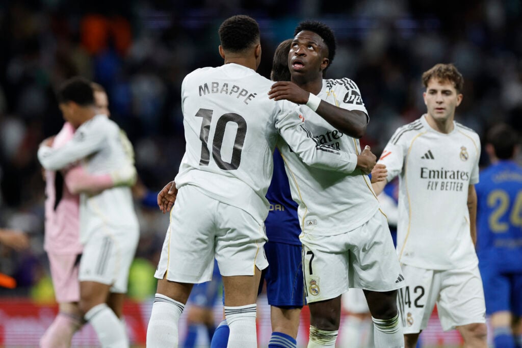 Real Madrid's French forward #10 Kylian Mbappe and Real Madrid's Brazilian forward #07 Vinicius Junior