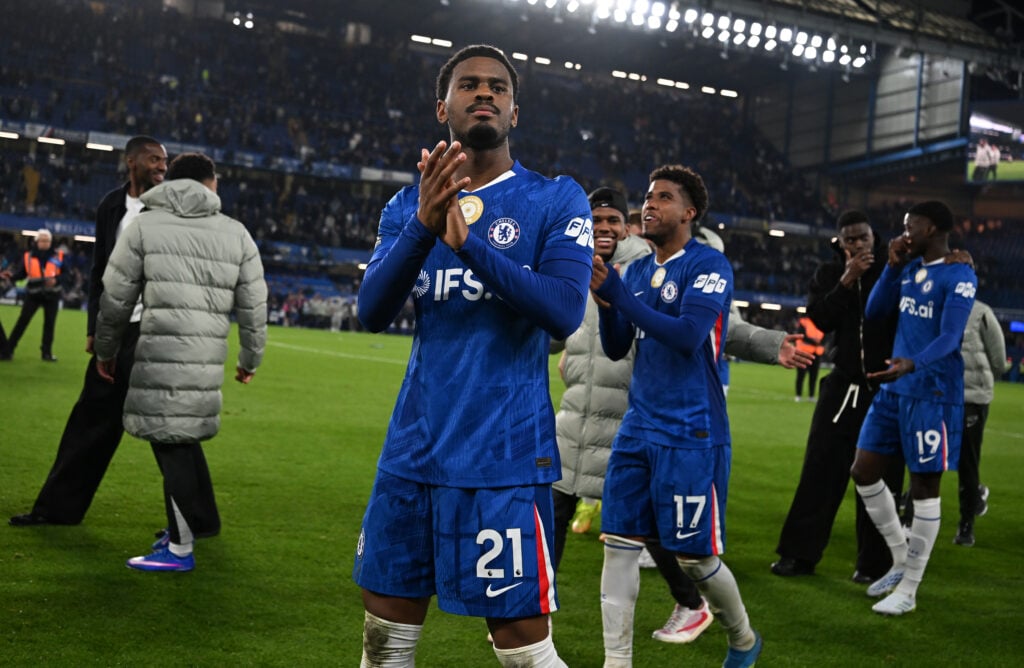 Jorrel Hato of Chelsea applauds