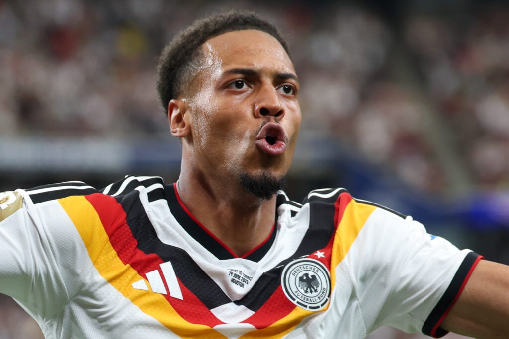 Felix Nmecha #23 of Germany screams to celebrate his goal