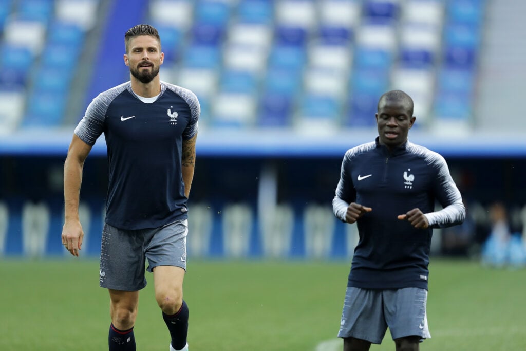 Olivier Giroud of France and N'Golo Kante of France