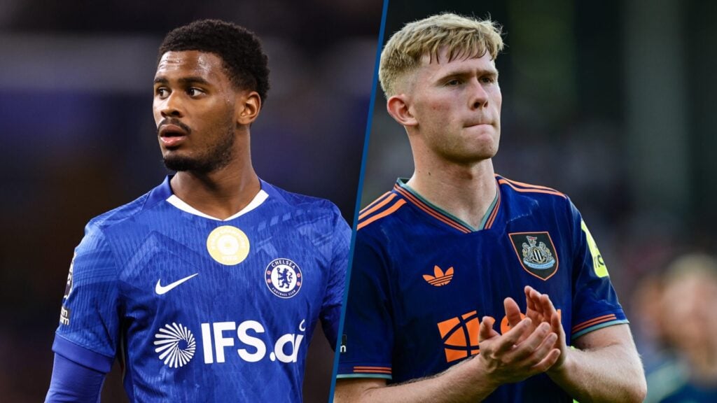 Split image of Chelsea's Jorrel Hato and Newcastle United's Lewis Hall