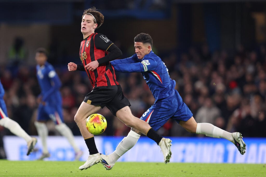 Alex Scott of Bournemouth is shoved by Enzo Fernandez of Chelsea