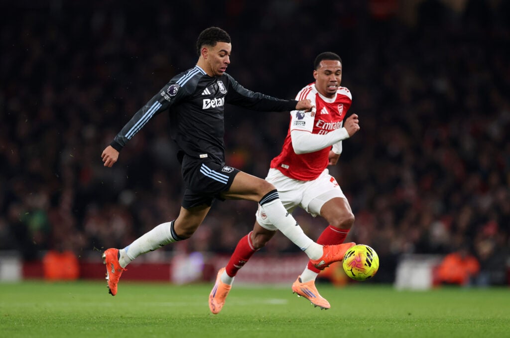 Morgan Rogers of Aston Villa and Gabriel Magalhaes of Arsenal
