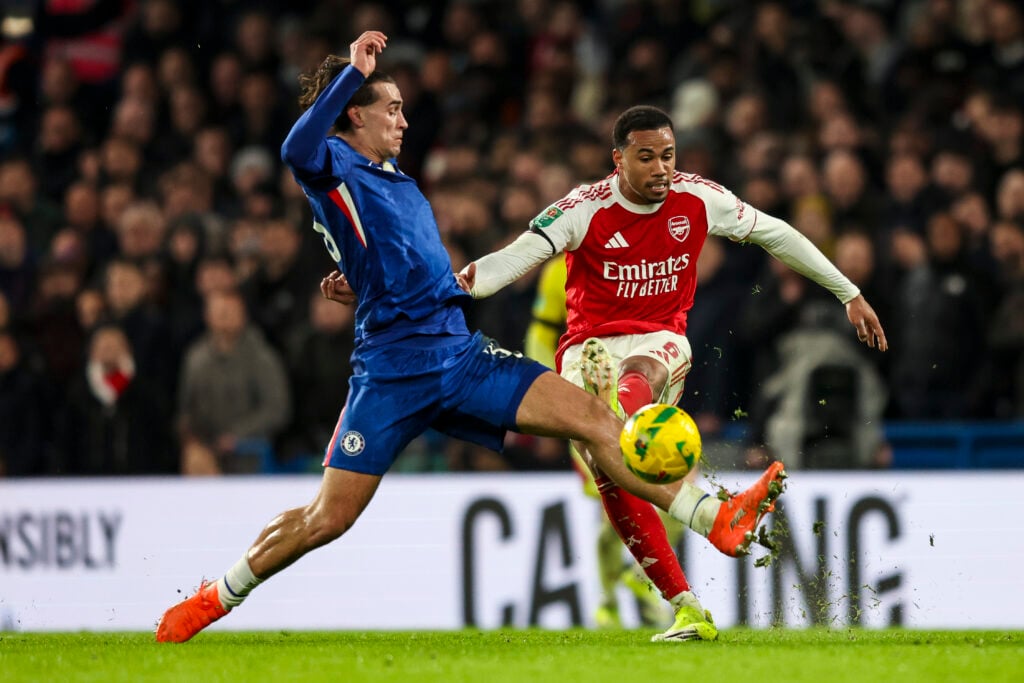 Gabriel of Arsenal and Marc Guiu of Chelsea