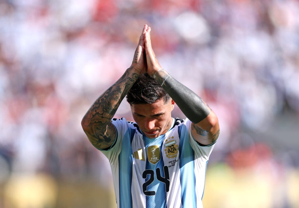 Enzo Fernandez #24 of Argentina reacts as he walks off the pitch after receiving a red card