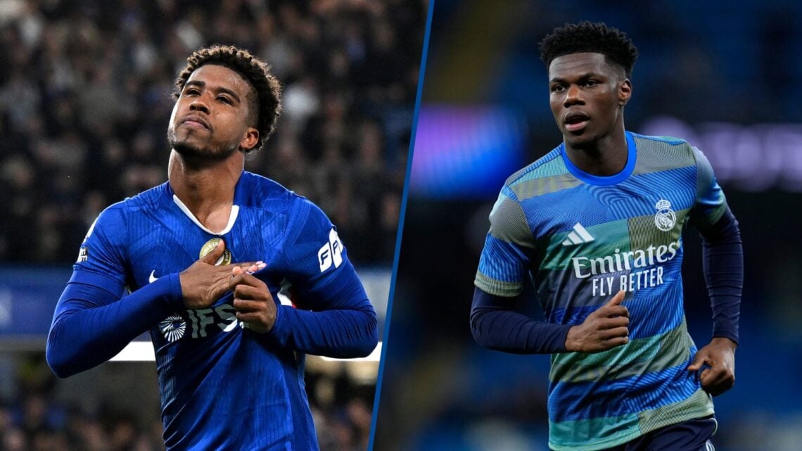 Split image - Chelsea's Andrey Santos celebrating and Real Madrid's Aurelien Tchouameni warming up