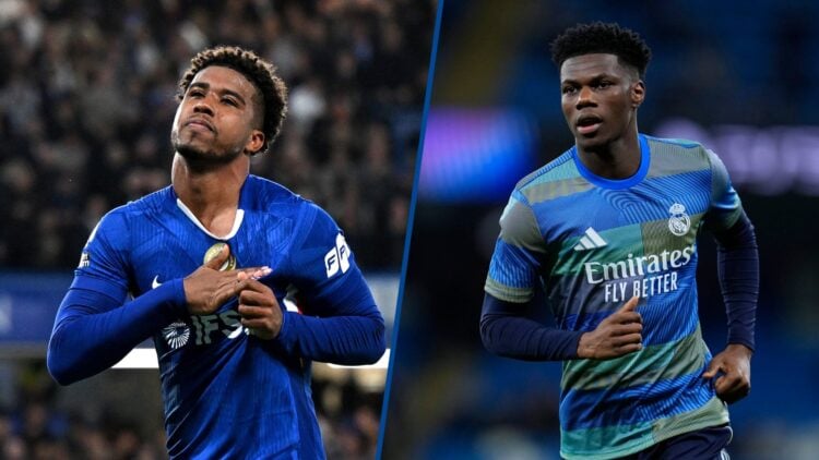 Split image - Chelsea's Andrey Santos celebrating and Real Madrid's Aurelien Tchouameni warming up