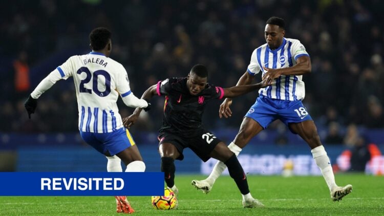 Moises Caicedo of Chelsea is challenged by Danny Welbeck (R) and Carlos Baleba of Brighton