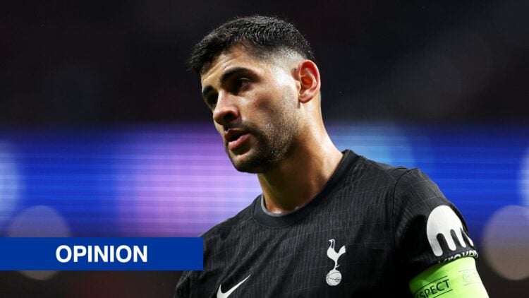 Cristian Romero of Tottenham Hotspur looks on