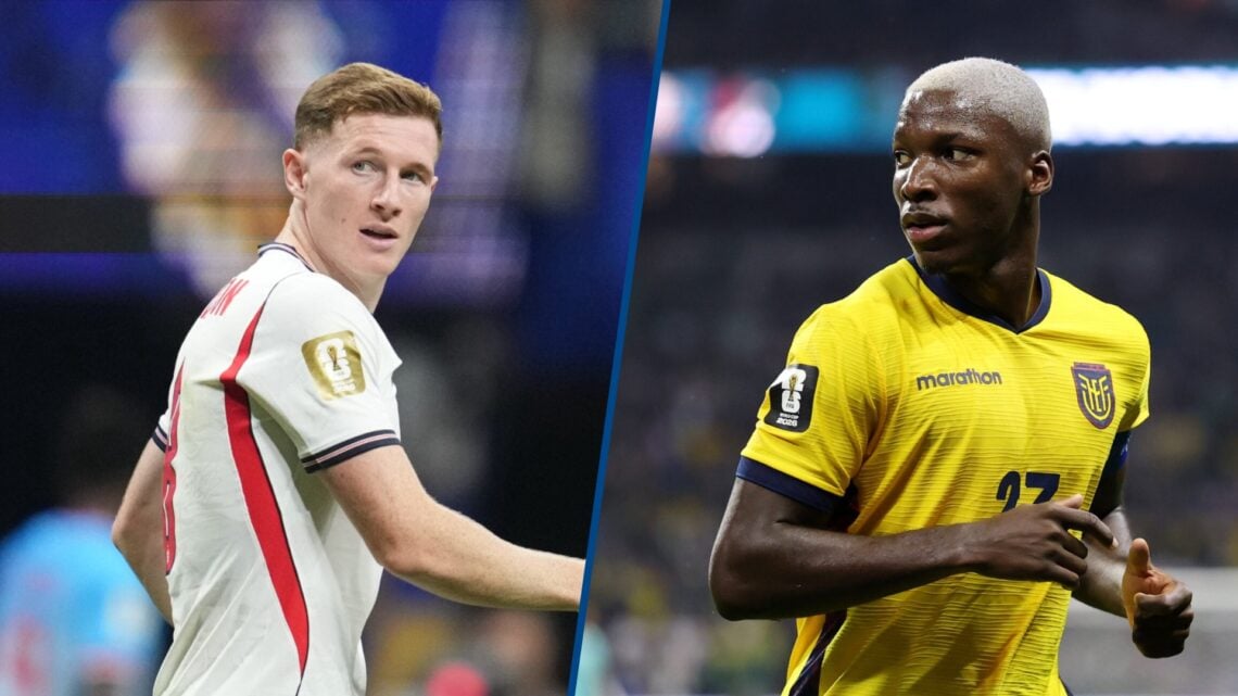 Split image - Elliot Anderson playing for England and Moises Caicedo playing for Ecuador