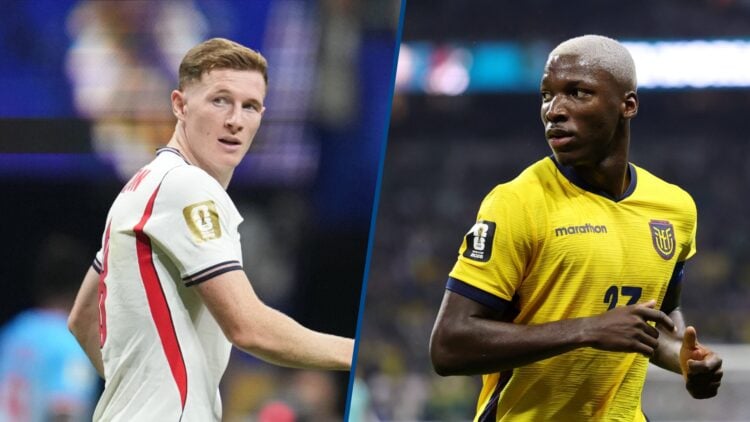 Split image - Elliot Anderson playing for England and Moises Caicedo playing for Ecuador