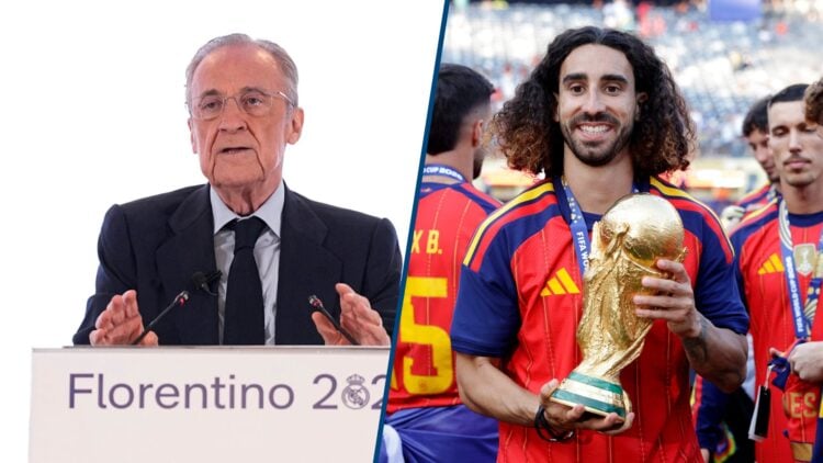 Split image - Florentino Perez speaks with the media and Marc Cucurella of Spain celebrates