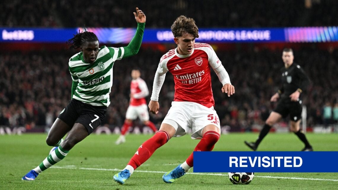 Max Dowman of Arsenal runs with the ball whilst under pressure from Geovany Quenda of Sporting