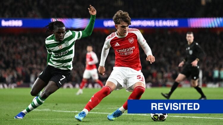 Max Dowman of Arsenal runs with the ball whilst under pressure from Geovany Quenda of Sporting