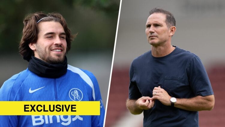 Split image - Marc Guiu of Chelsea reacts and Coventry City Head Coach / Manager Frank Lampard