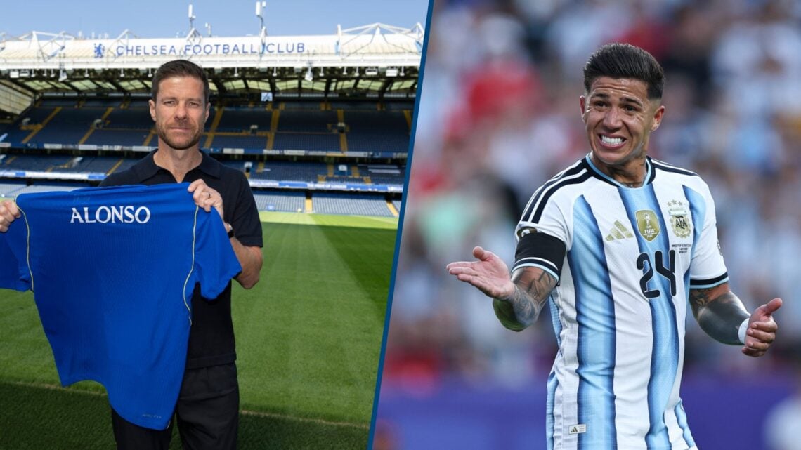 Split image - Manager Xabi Alonso of Chelsea and Enzo Fernandez #24 of Argentina gestures
