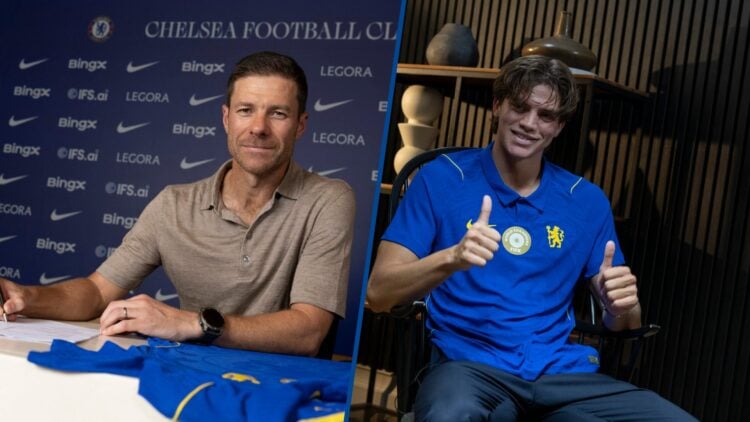 Split image - Chelsea manager Xabi Alonso signing contract and Marco Palestra with thumbs up