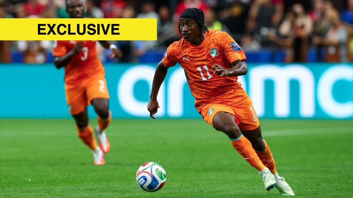 Yan Diomande (#11) dribbles up field